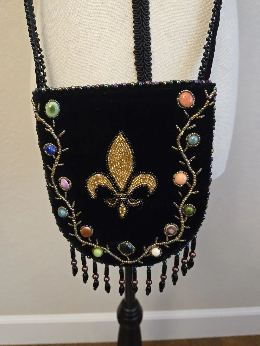 Black Velvet Fleur-De-Lis Womens Cross Body Small Purse Seed Beads & Stones - Picture 1 of 10